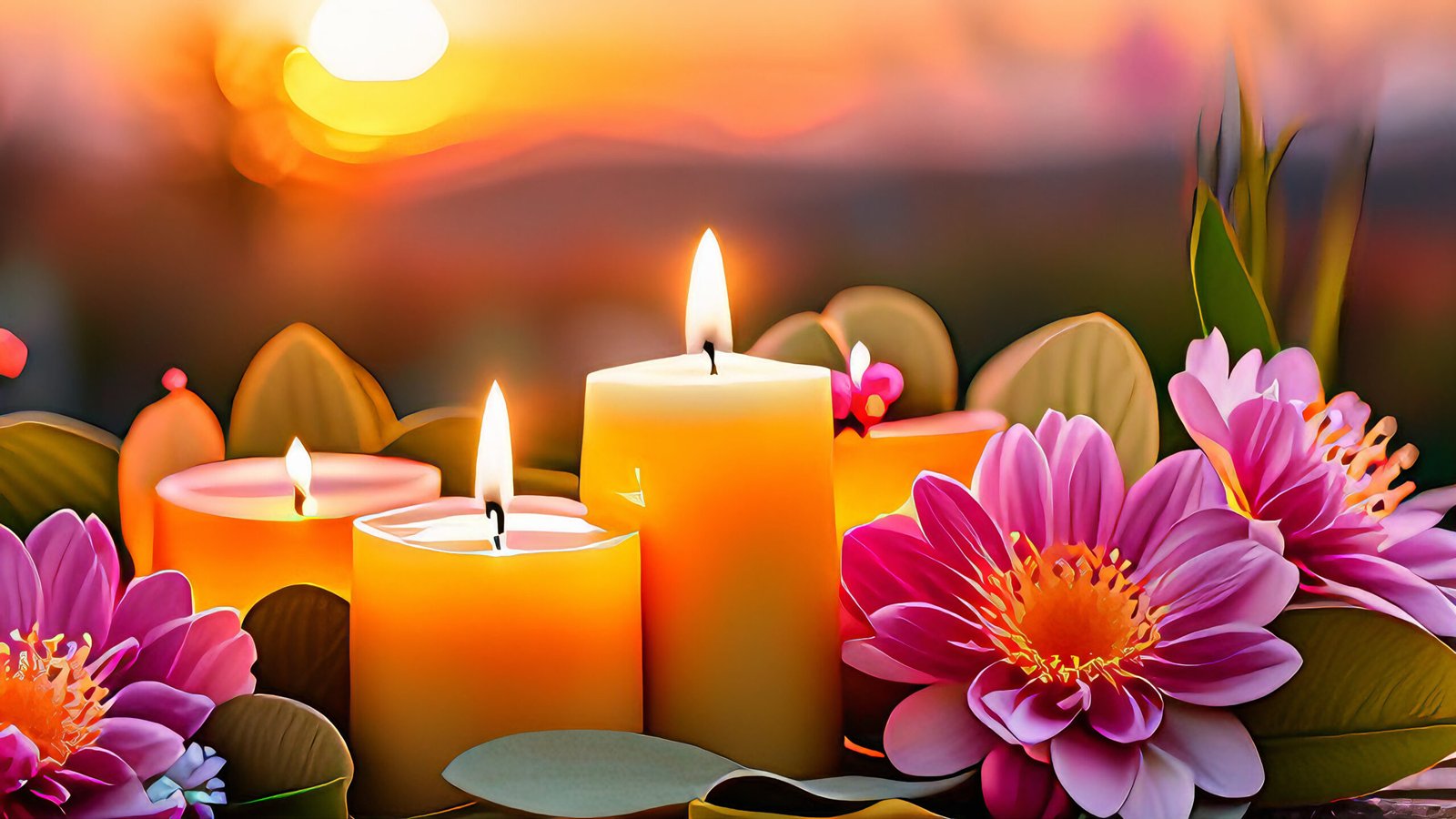 A photo of white lotus flowers blooming in a pond at sunset, with a single white candle burning on a lotus leaf